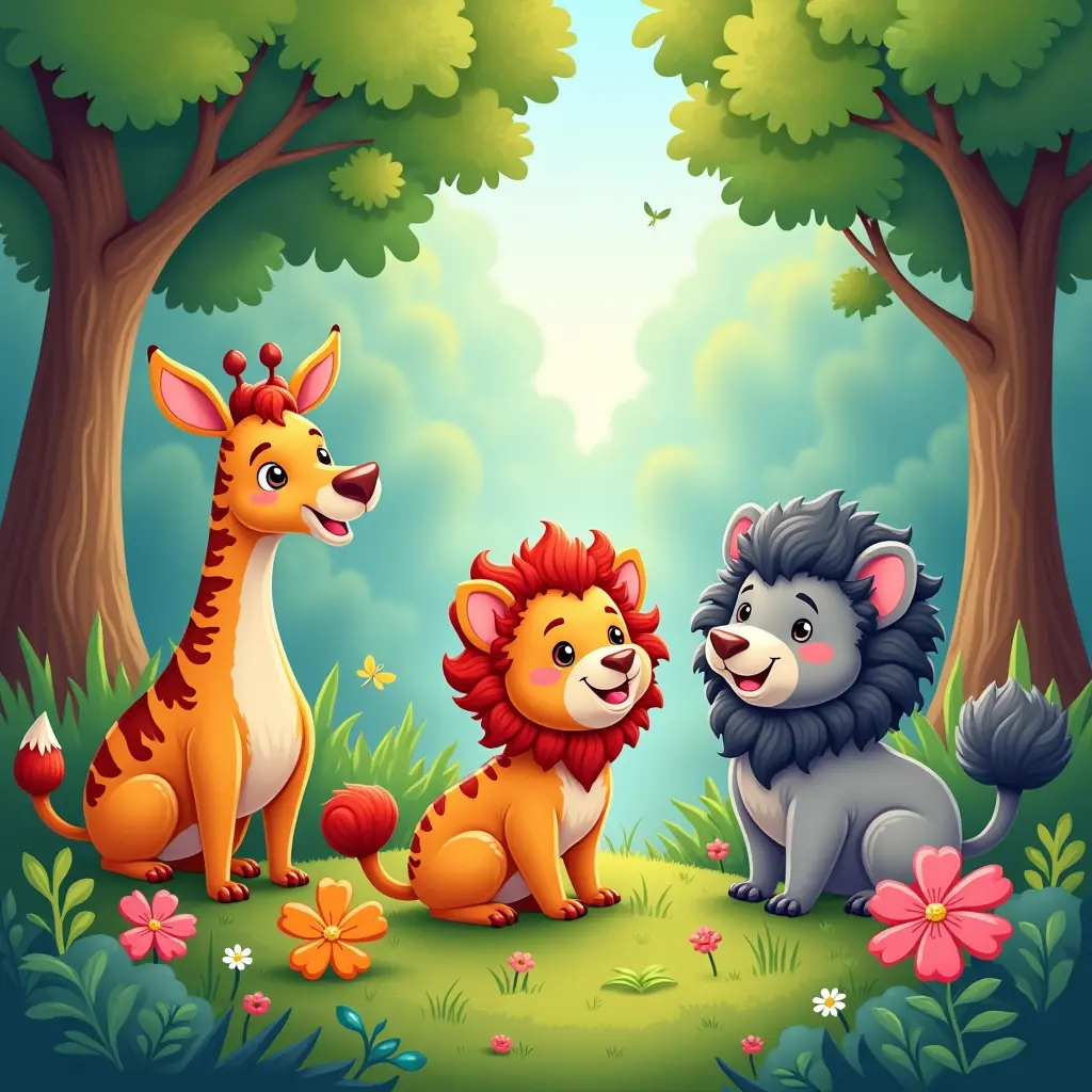 coloré, détaillé, de haute qualité, 4k, art numérique, Une illustration de livre pour enfants vibrante mettant en scène des animaux amicaux dans une forêt fantaisiste, avec des couleurs vives et des expressions ludiques, Une illustration de livre pour enfants vibrante mettant en scène des animaux amicaux dans une forêt fantaisiste, avec des couleurs vives et des expressions ludiques.