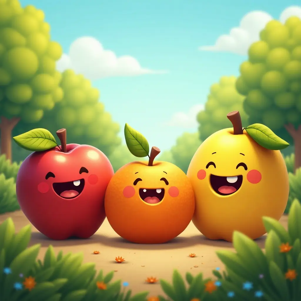 Amusant et coloré, 4k, Une scène ludique avec des fruits personnifiés comme des pommes, des oranges et des bananes profitant d'une journée ensoleillée dans le jardin.