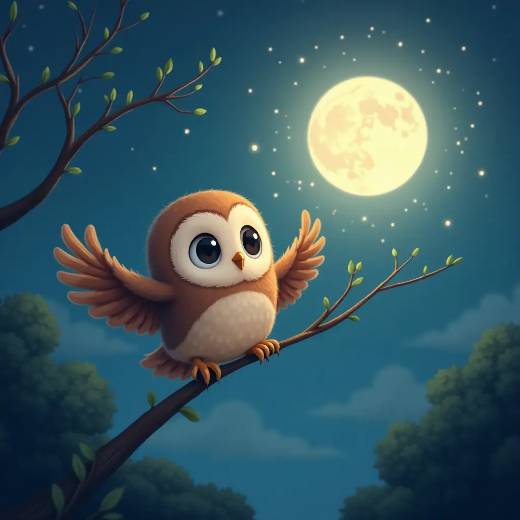 4k, doux, couleurs nocturnes, Une illustration de livre pour enfants émouvante d'un bébé hibou apprenant à voler sous une douce lumière lunaire.