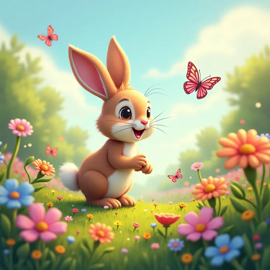 4k, couleurs vibrantes, style mignon, Un lapin amical explorant un jardin coloré, rencontrant des papillons, des fleurs et d'autres petits animaux.