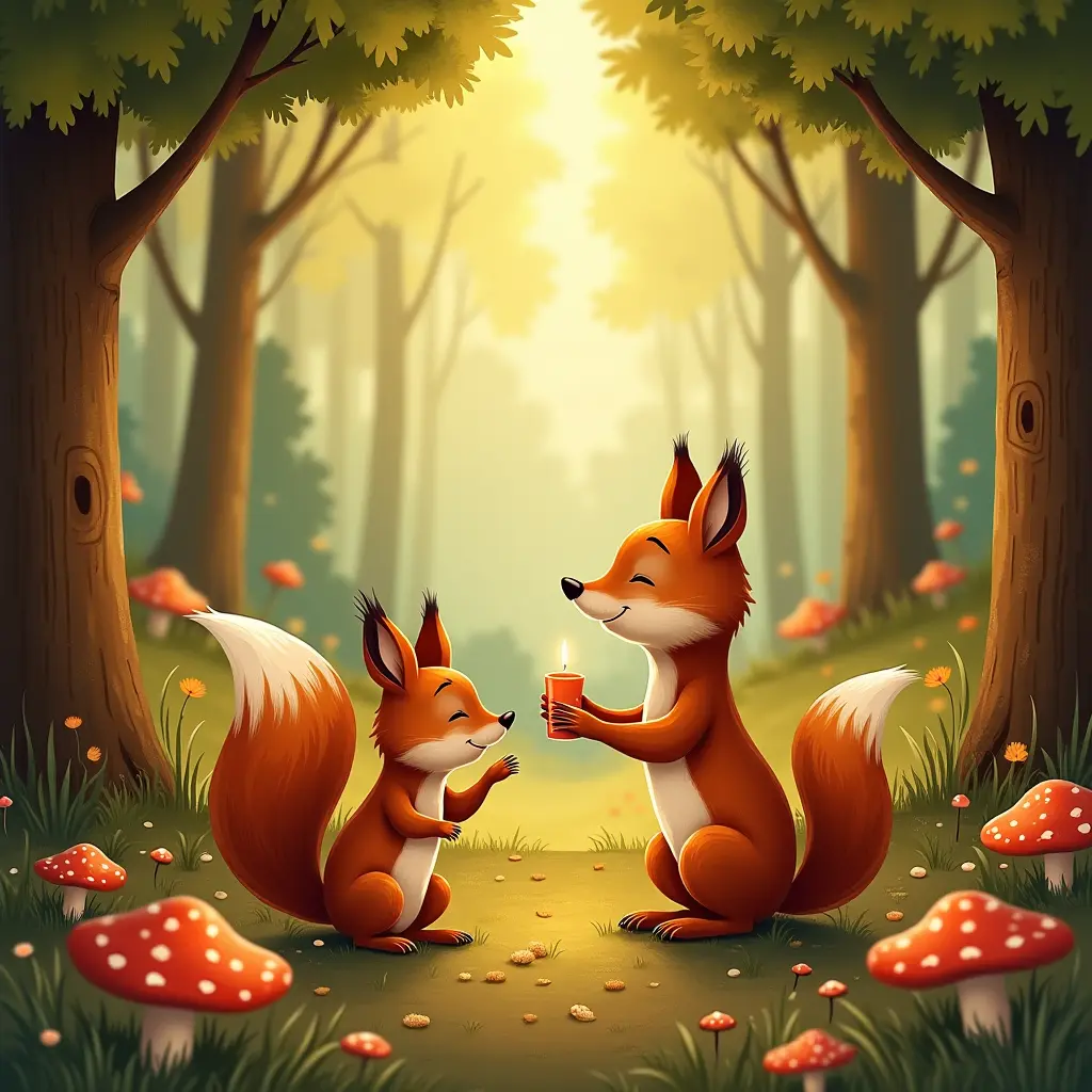illustration vintage chaleureuse, 4k, Livre pour enfants avec un écureuil joueur et un renard sage dans une forêt confortable, entouré de champignons, d'arbres et de petits détails de la forêt.