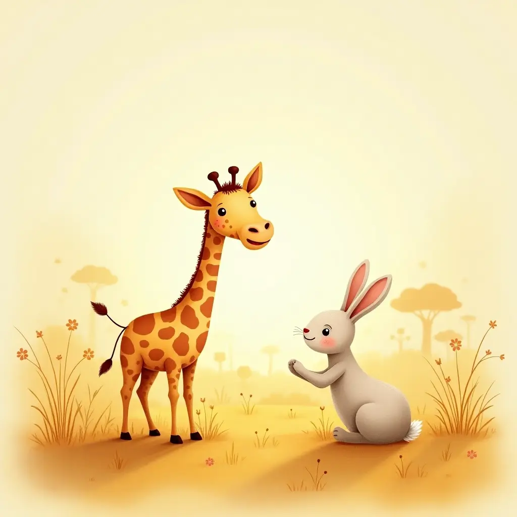Chaud, illustration vintage, 4k, style aquarelle doux, livre pour enfants avec une girafe amicale et un lapin joueur explorant la savane, présentant des couleurs douces et des arrière-plans apaisants.