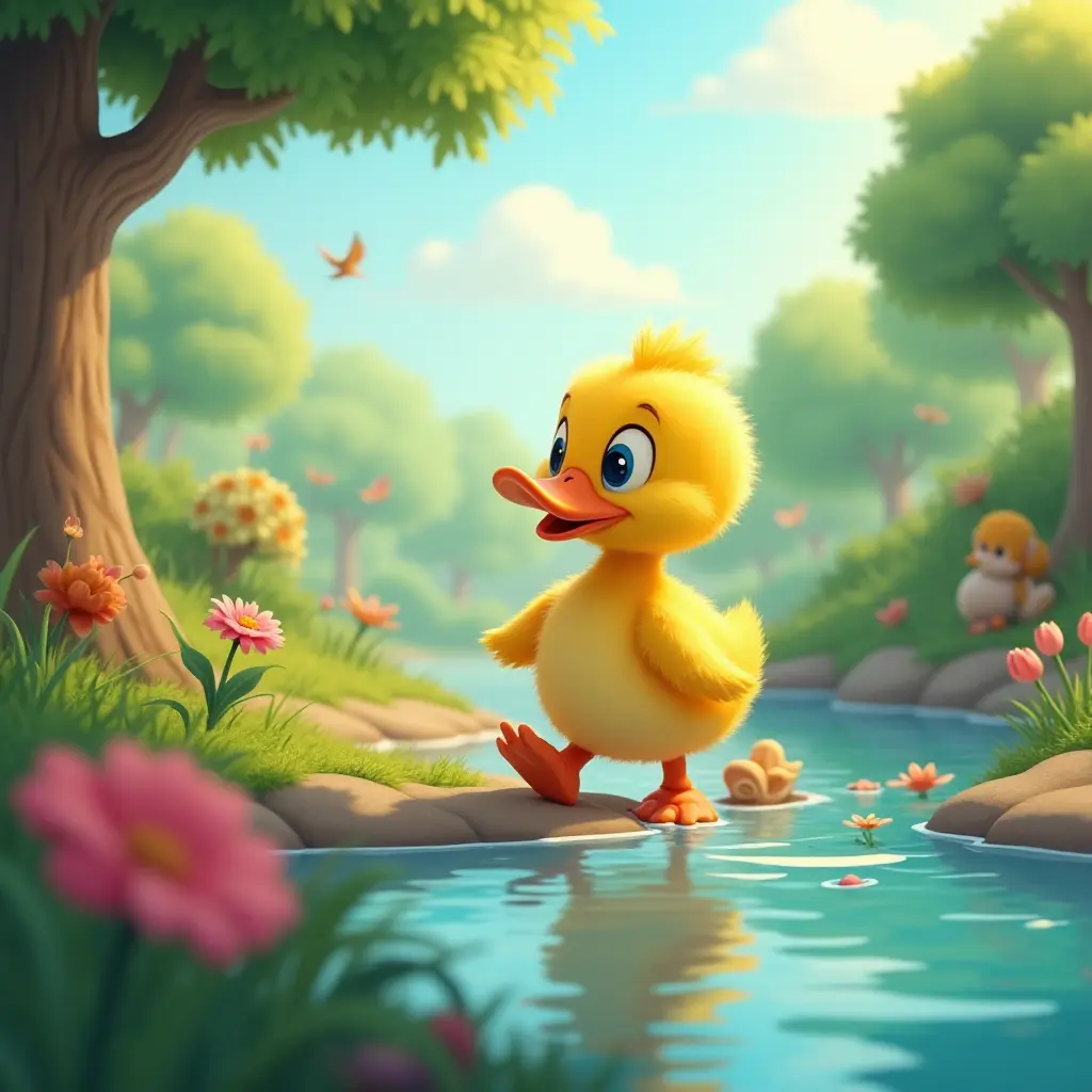 Vibrant, style cartoon, 4k, Une histoire d'enfants animée d'un caneton curieux partant à l'aventure près de l'étang, rencontrant d'autres animaux en chemin.
