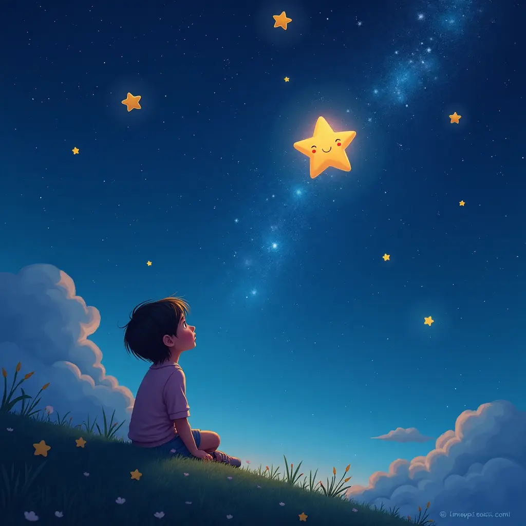 Rêveur, scène nocturne, 4k, illustration numérique, Une histoire du soir magique avec des étoiles amicales et un petit enfant regardant avec émerveillement le ciel nocturne scintillant.