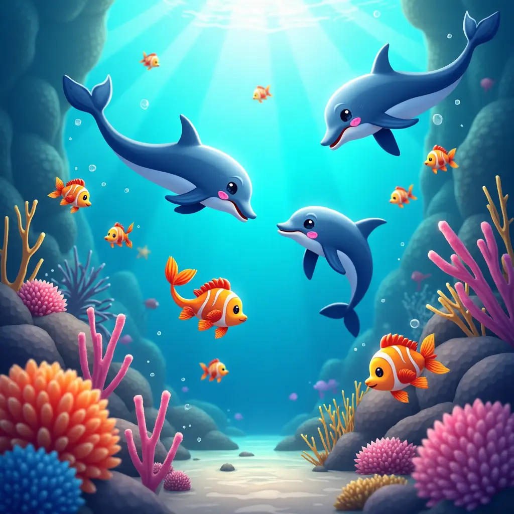 4k, lumineux et coloré, fantaisiste, animaux de l'océan, Une scène sous-marine joyeuse avec des poissons amicaux, des dauphins et des créatures marines joueuses explorant un récif corallien.