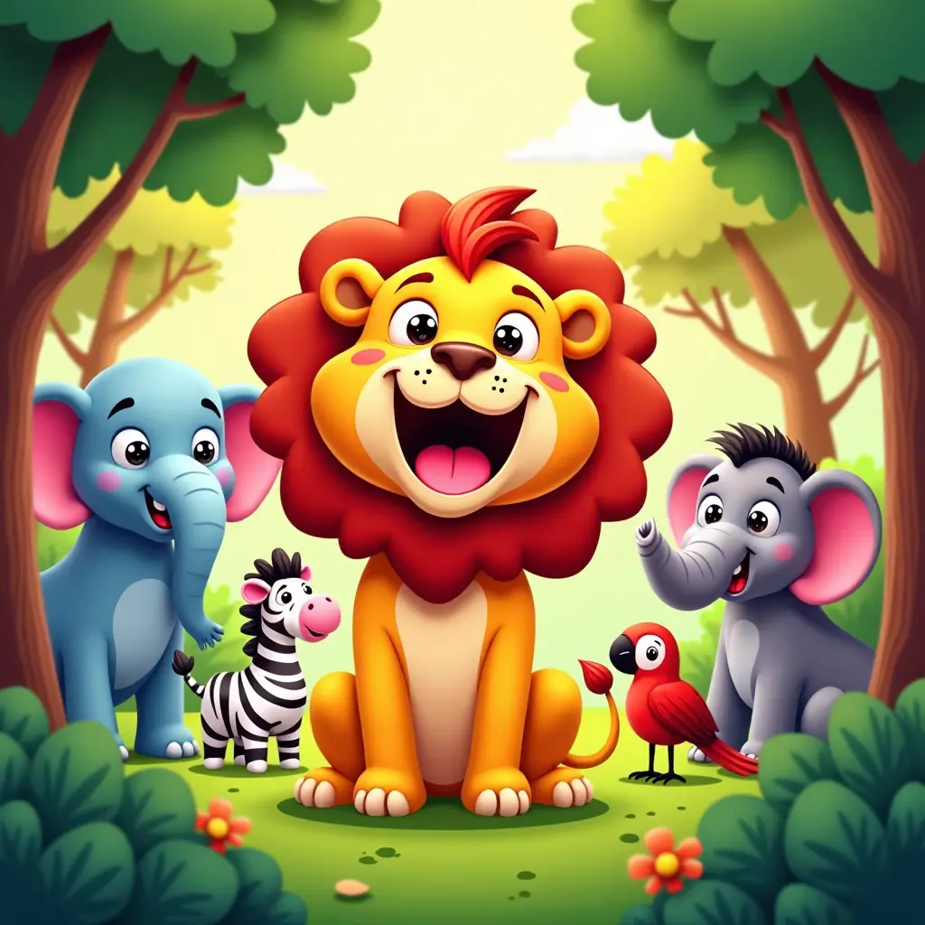 4k, audacieux, coloré, style cartoon, Une page de livre pour enfants présentant un lion joyeux organisant une fête dans la jungle avec d'autres animaux comme des éléphants, des zèbres et des perroquets.