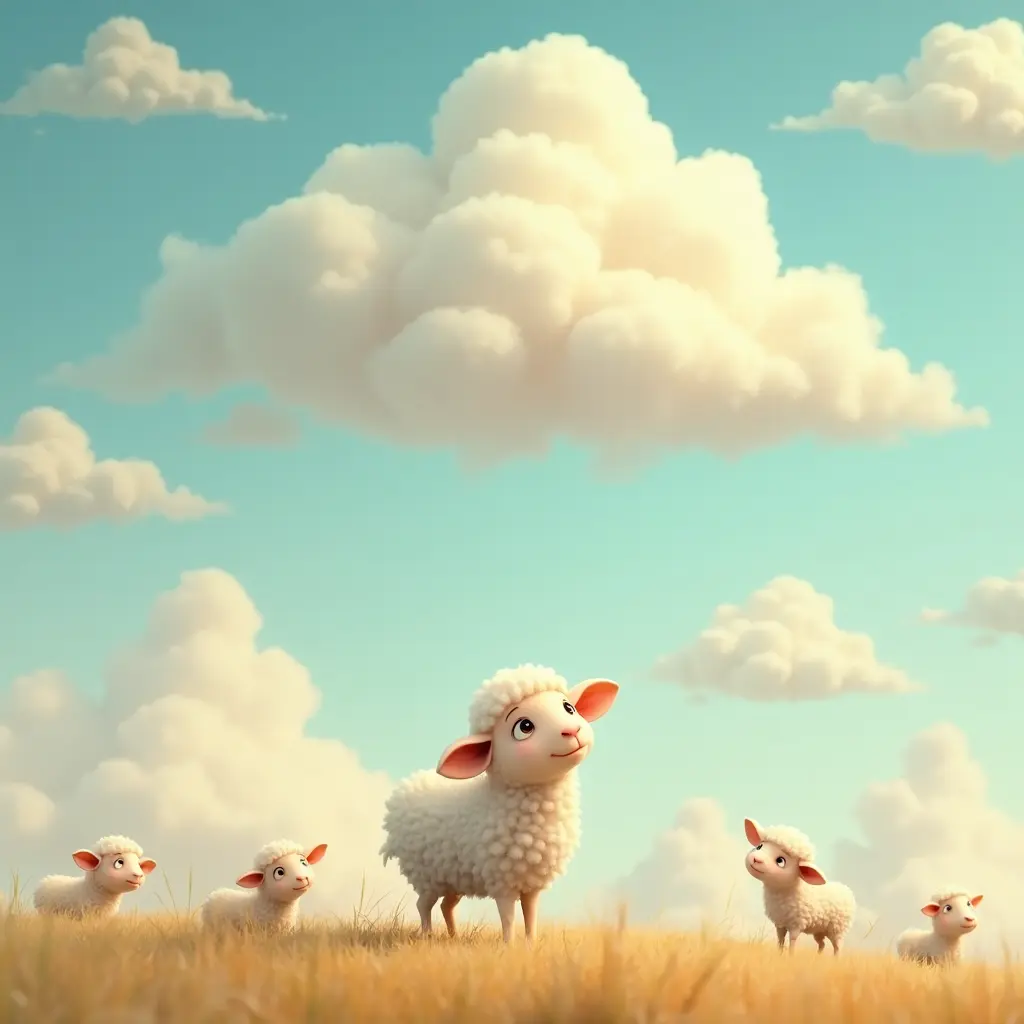 4k, style pastel doux, couleurs chaudes, Un mouton curieux regardant les nuages duveteux dans un grand ciel ouvert, avec d'autres animaux se joignant à l'aventure.